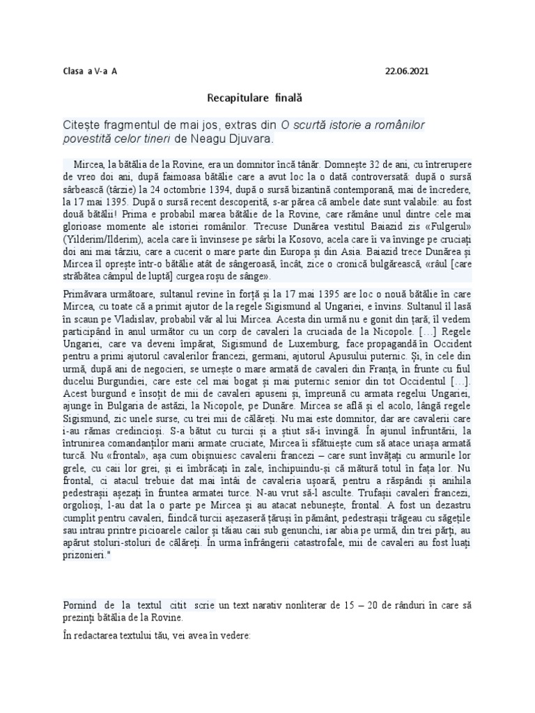 Recapitulare FINALĂClasa A V | PDF