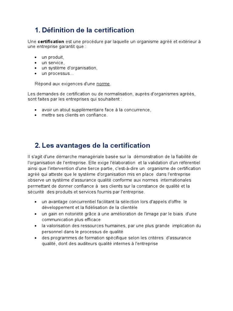 Avantages et définition de la certification | PDF | Affaires | Finance ...