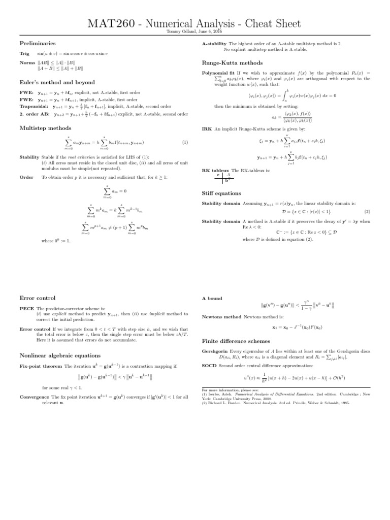 MAT260 - Numerical Analysis - Cheat Sheet: Preliminaries | PDF ...