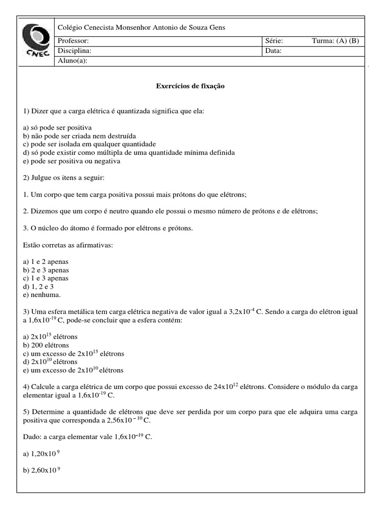 Exercício Carga 8 Ano PDF Carga elétrica Elétron