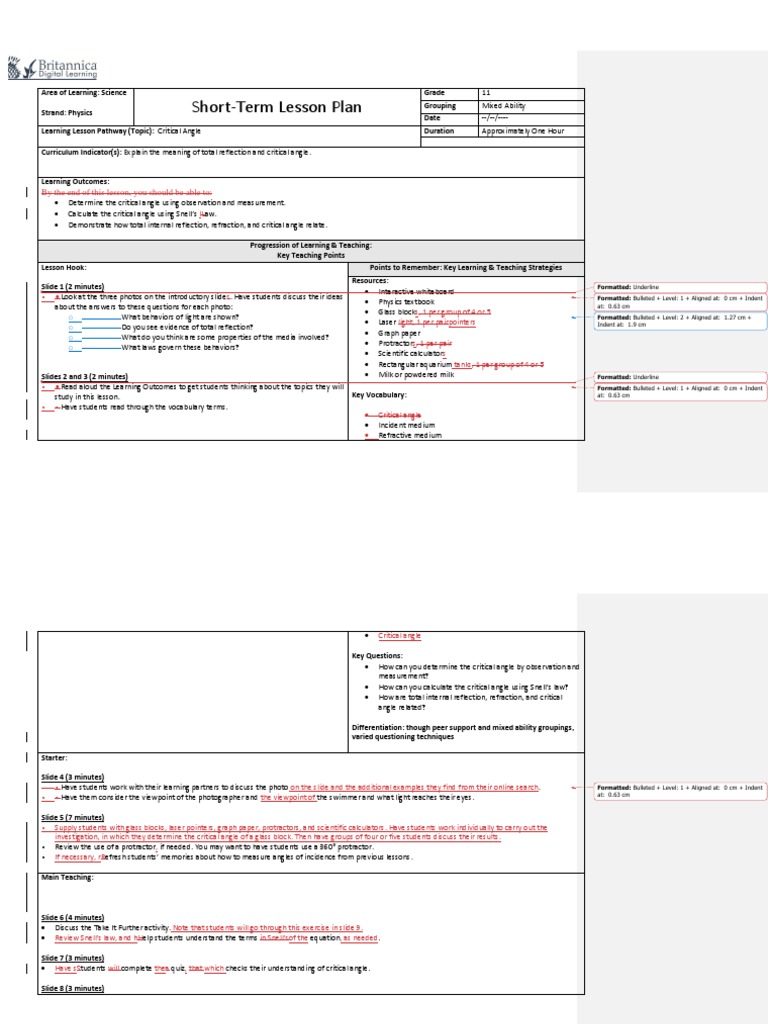 Critical Angle Lesson Plan for Physics | PDF | Learning | Cognition