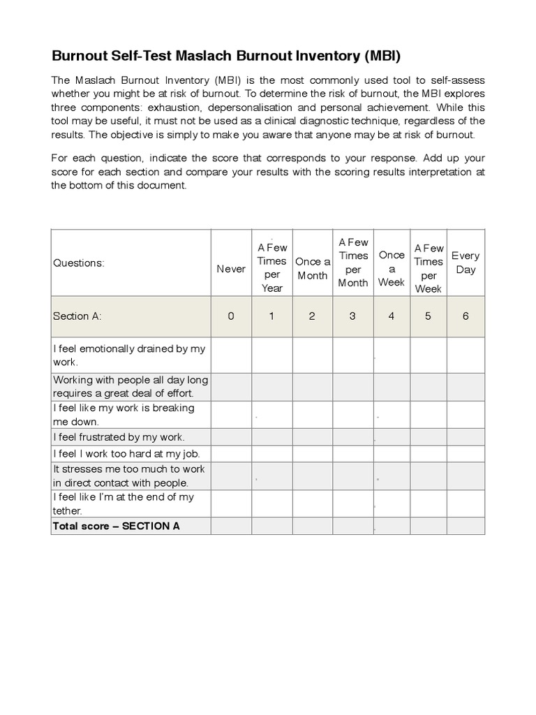 MBI Self Assessment For Organisations PDF Occupational Burnout