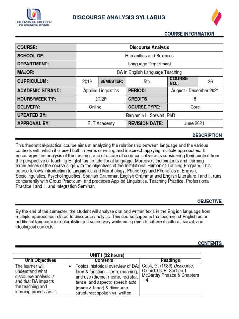 Discourse Analysis Course Syllabus | PDF | English Studies | Linguistics