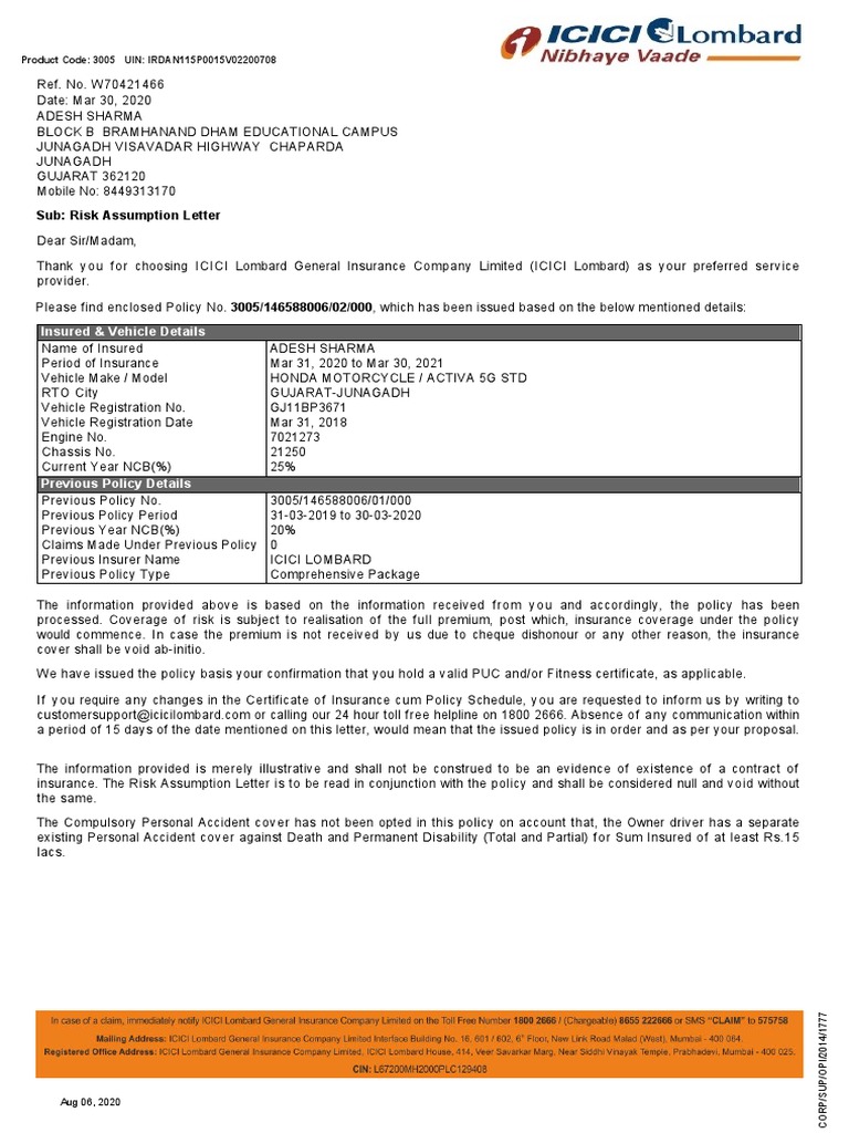 Sub Risk Assumption Letter Insured & Vehicle Details PDF