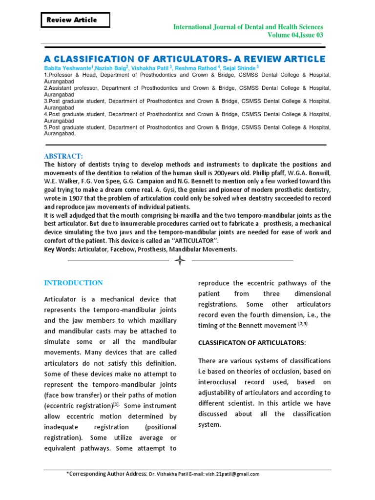 A Classification of ArticulatorsA Review Article Download Free PDF