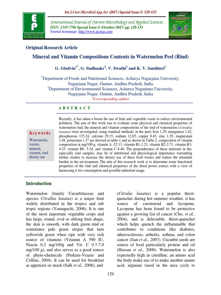 Mineral and Vitamin Compositions Contents in Watermelon Peel (Rind) PDF Watermelon Vitamin