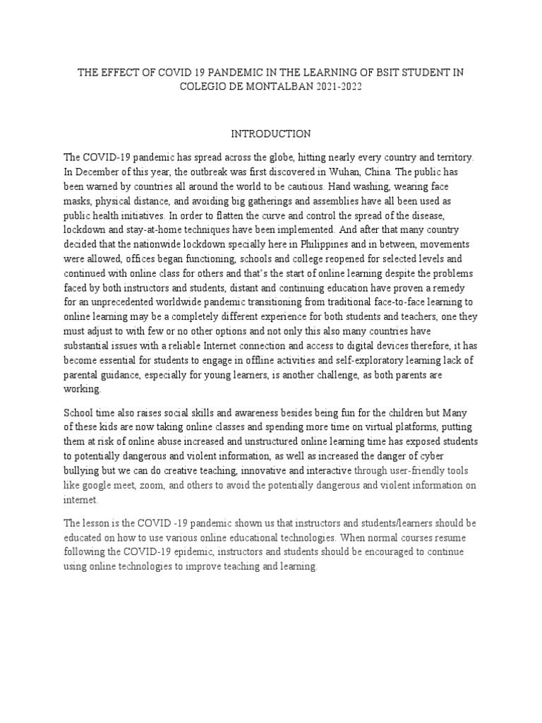 The Effect of Covid 19 Pandemic in The Learning of Bsit Student in ...