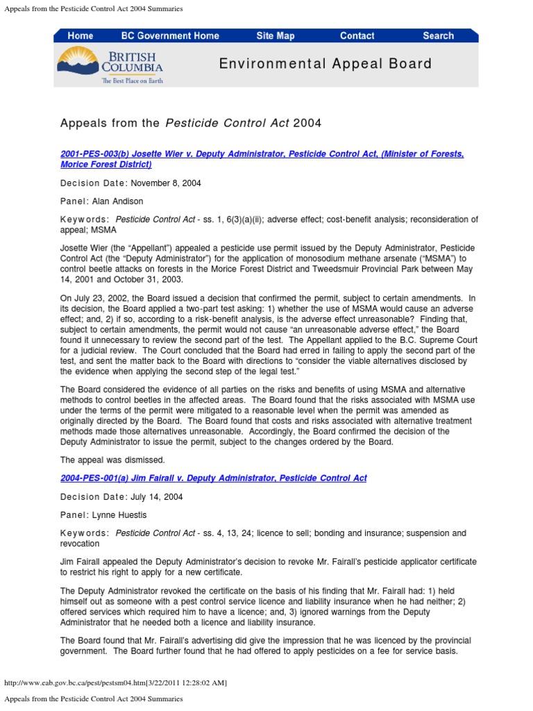 JosetteWierAppeals From The Pesticide Control Act 2004 Summaries