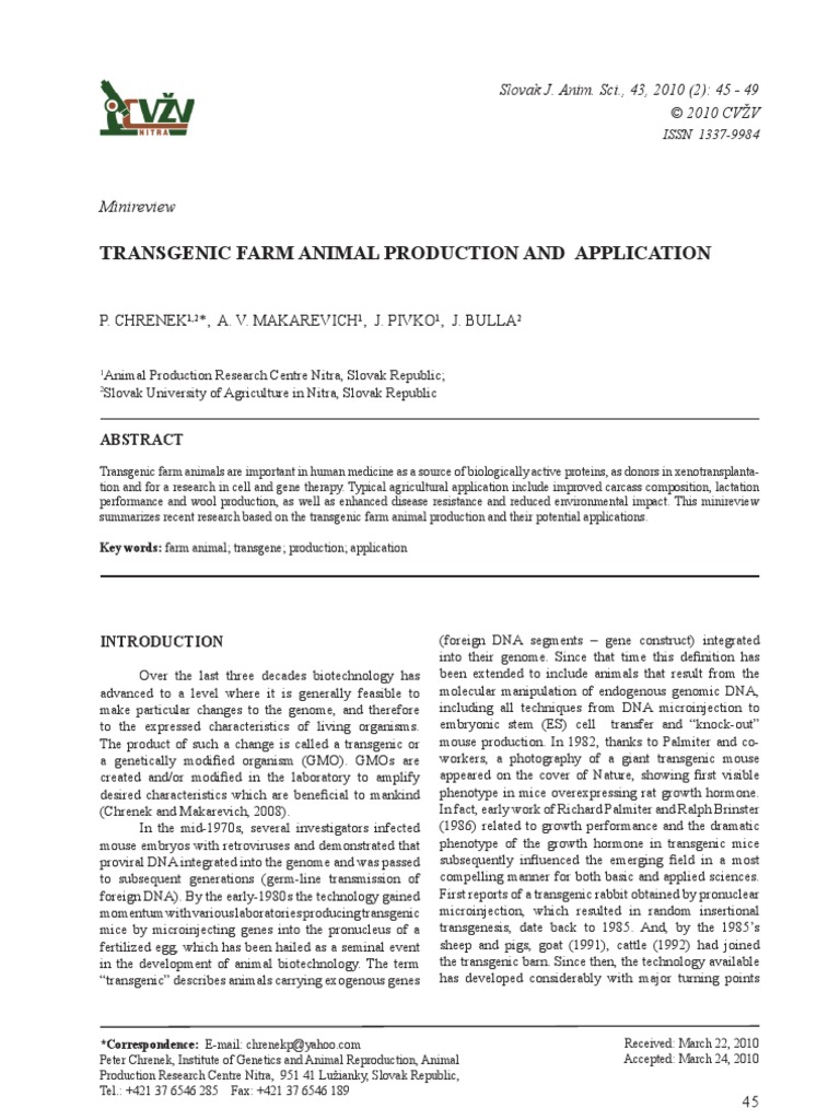 TRaNsgeNIC faRm aNImal pRODUCTION aND applICaTION