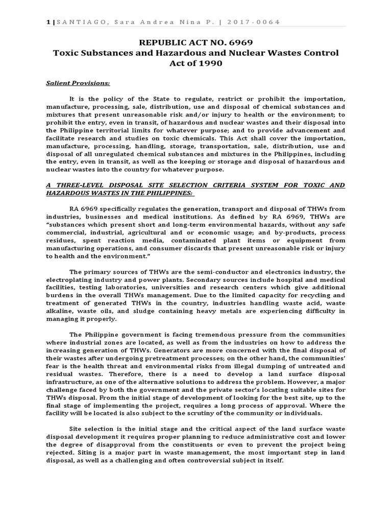 Republic Act No. 6969 Toxic Substances and Hazardous and Nuclear Wastes