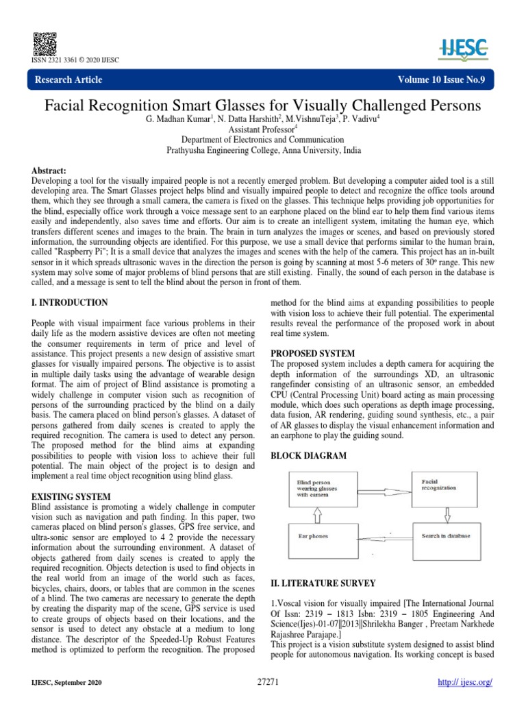 Facial Recognition Smart Glasses For Visually Challenged Persons | PDF ...