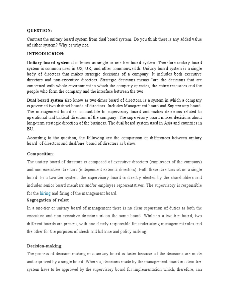 Comparing the Unitary and Dual Board Systems Composition, Decision