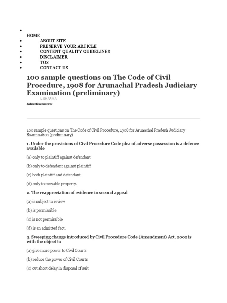 100 Sample Questions On The Code of Civil Procedure, 1908 For Arunachal ...