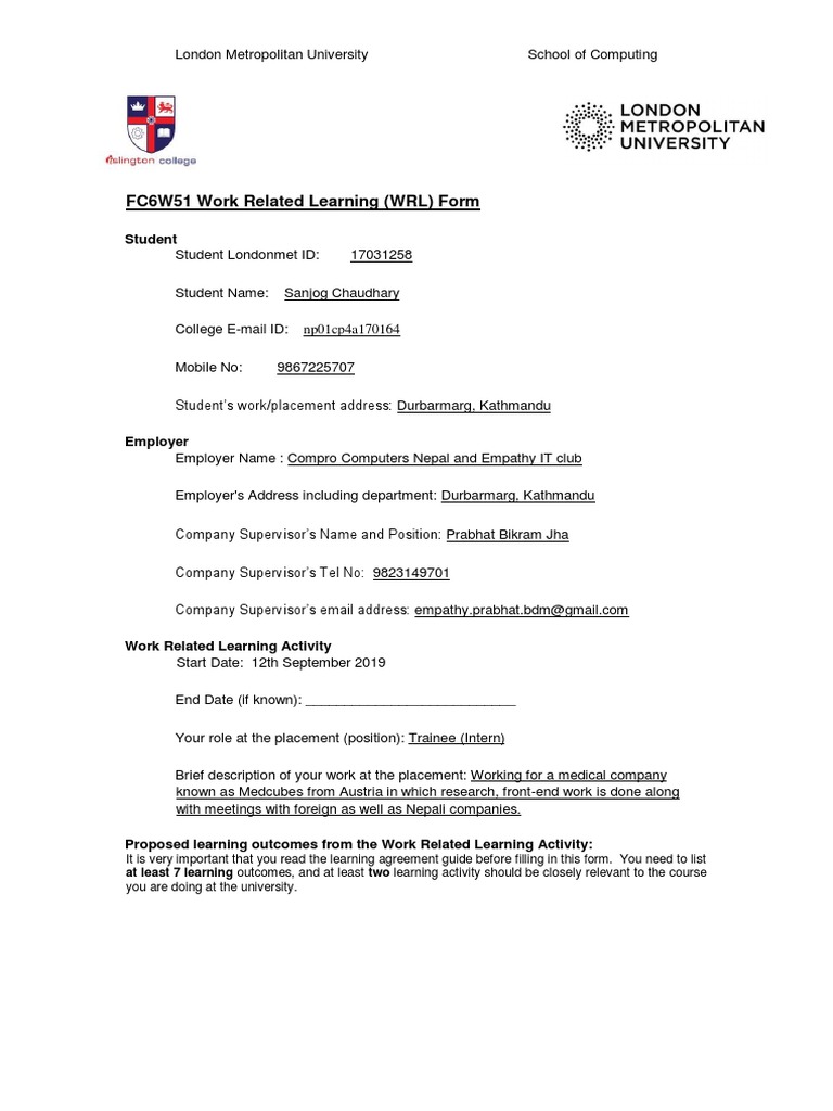 FC6W51 Work Related Learning (WRL) Form: Student | PDF | Risk ...