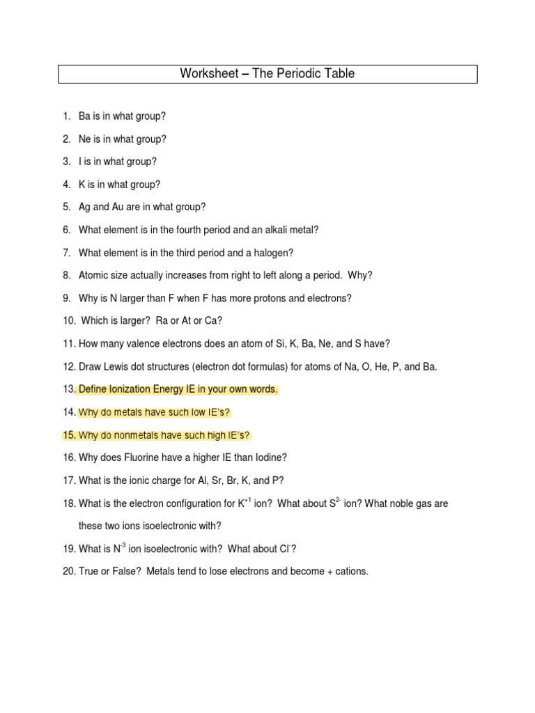 Worksheet - The Periodic Table | PDF | Ion | Periodic Table