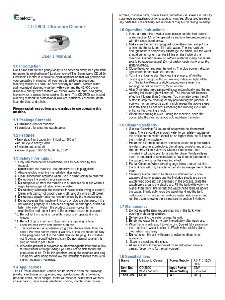 CD2800 Ultrasonic Cleaner 1.5 Operating Instructions PDF Ac Power