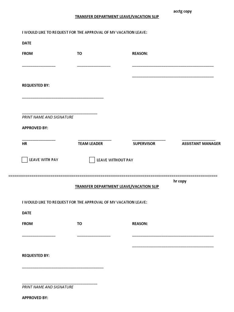 Acctg Copy Transfer Department Leave/Vacation Slip: Print Name and ...