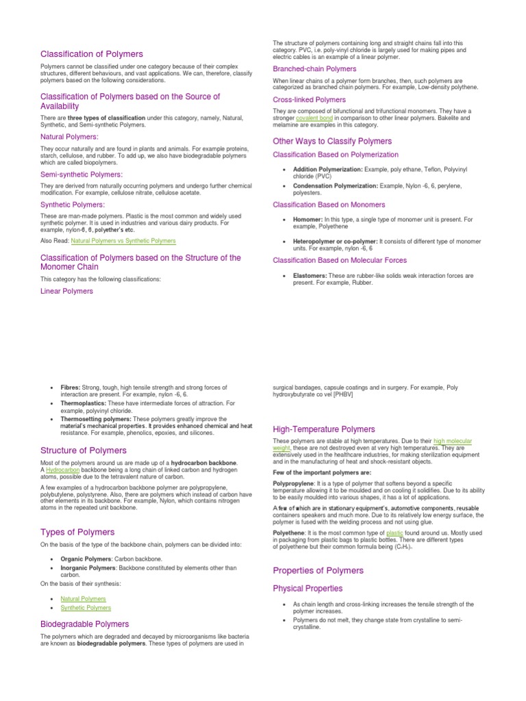 Classification of Polymers | PDF | Polymerization | Polymers