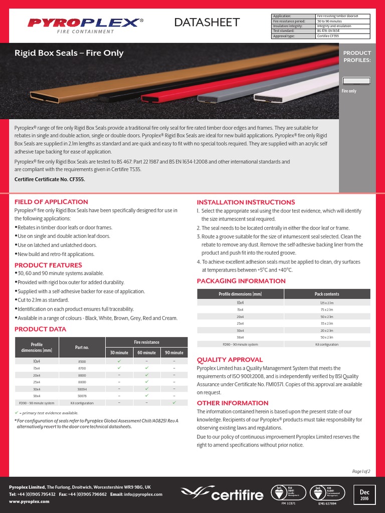 Pyroplex Rigid Box Seals Datasheet | PDF | Smoke | Door