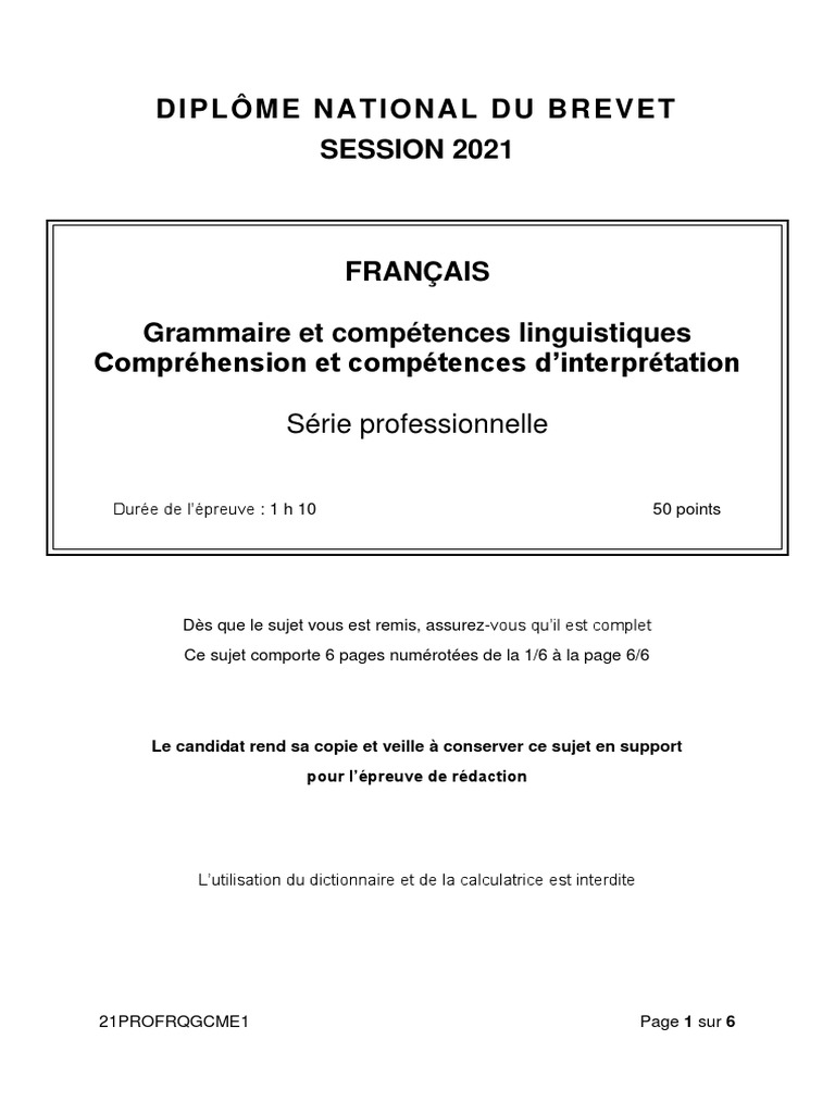 Sujet Et Corrigé Brevet Série Professionnelle Maths Dnb21 Grammaire Questions Serie Professionnelle | PDF | Langues | Poésie