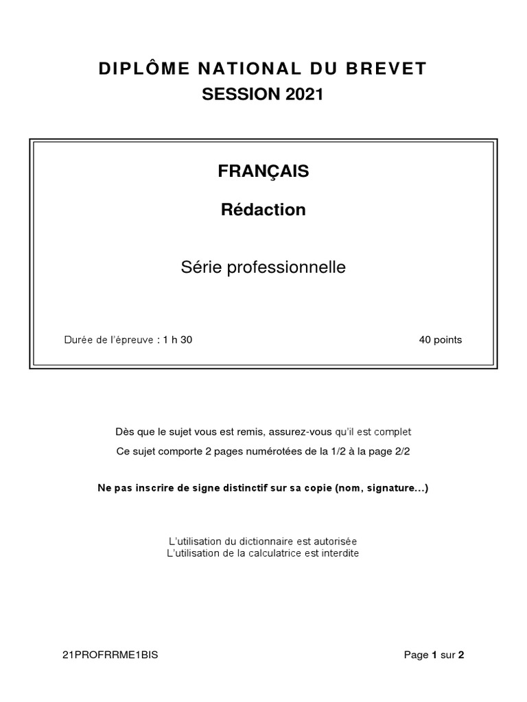 Sujet Et Corrigé Brevet Français Pdf 2021 Dnb21 Redaction Serie Professionnelle | PDF