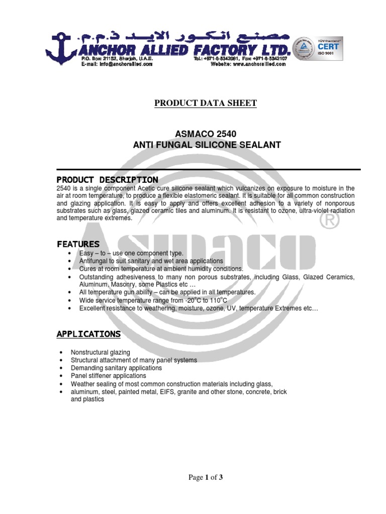 Silicon Sealant Asmaco 2540 PDF Silicone Materials