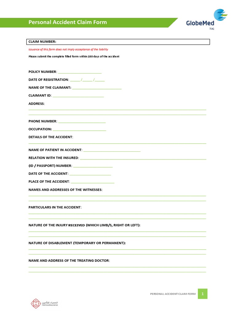 Personal Accident Claim Form: Issuance of This Form Does Not Imply ...