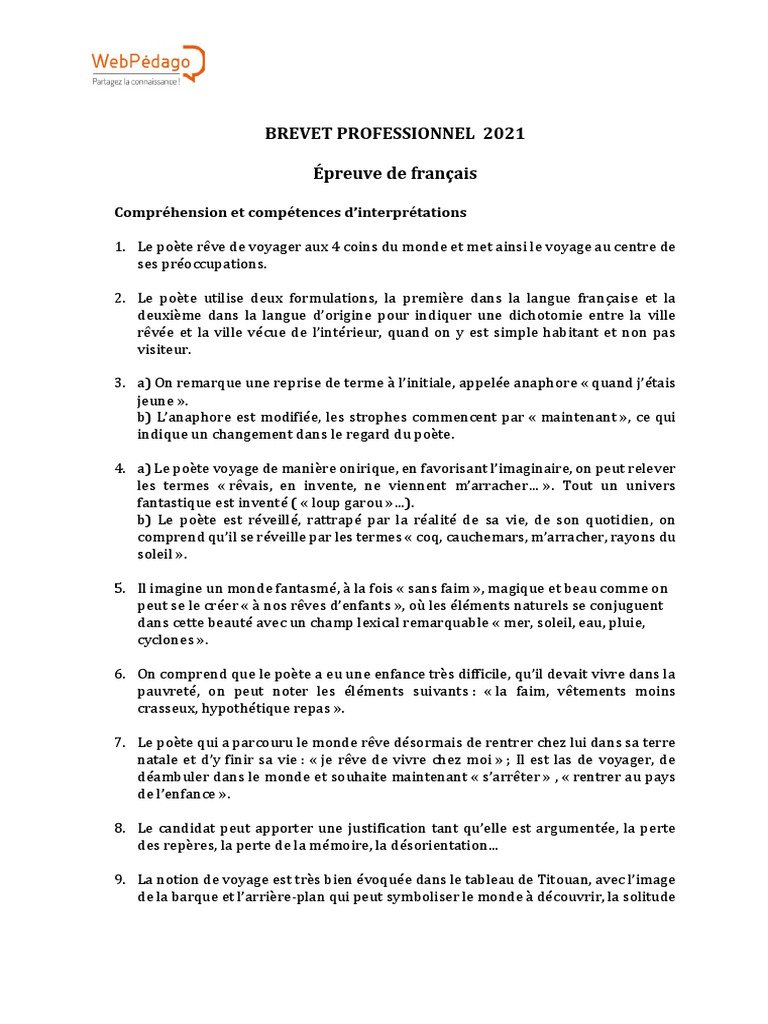 Sujet Brevet 2021 Français Corrigé 2021 Brevet Professionnel Français Corrige | PDF | Rêve | Langues