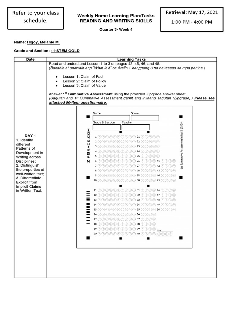 Refer To Your Class Schedule. Weekly Home Learning Plan/Tasks Reading
