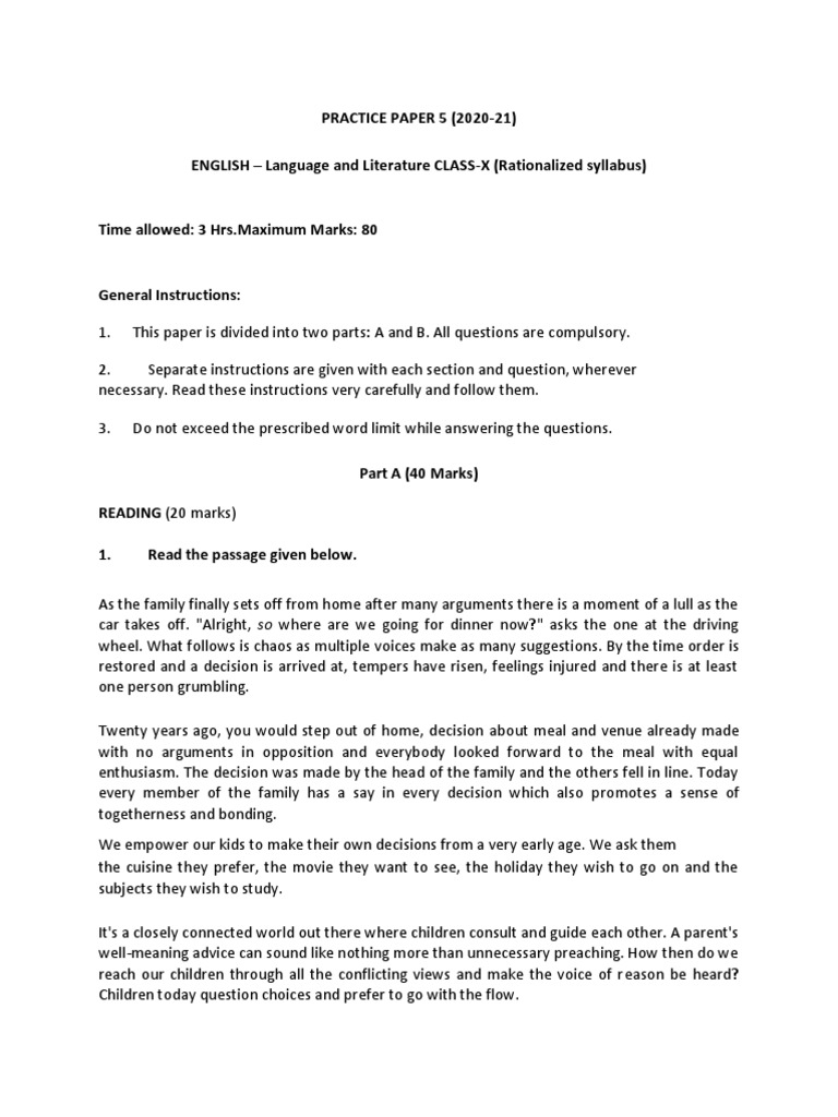 Class X English Practice Paper 2020-21 | PDF | Risk | Mental Disorder