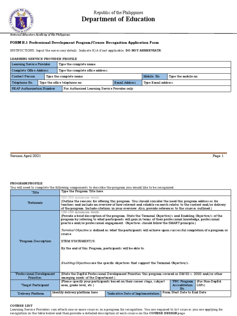 FORM R.1 PD Program Recognition Application Form Latest | PDF ...
