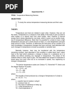 Experiment No. 1 TITLE: Temperature Measuring Devices Objectives