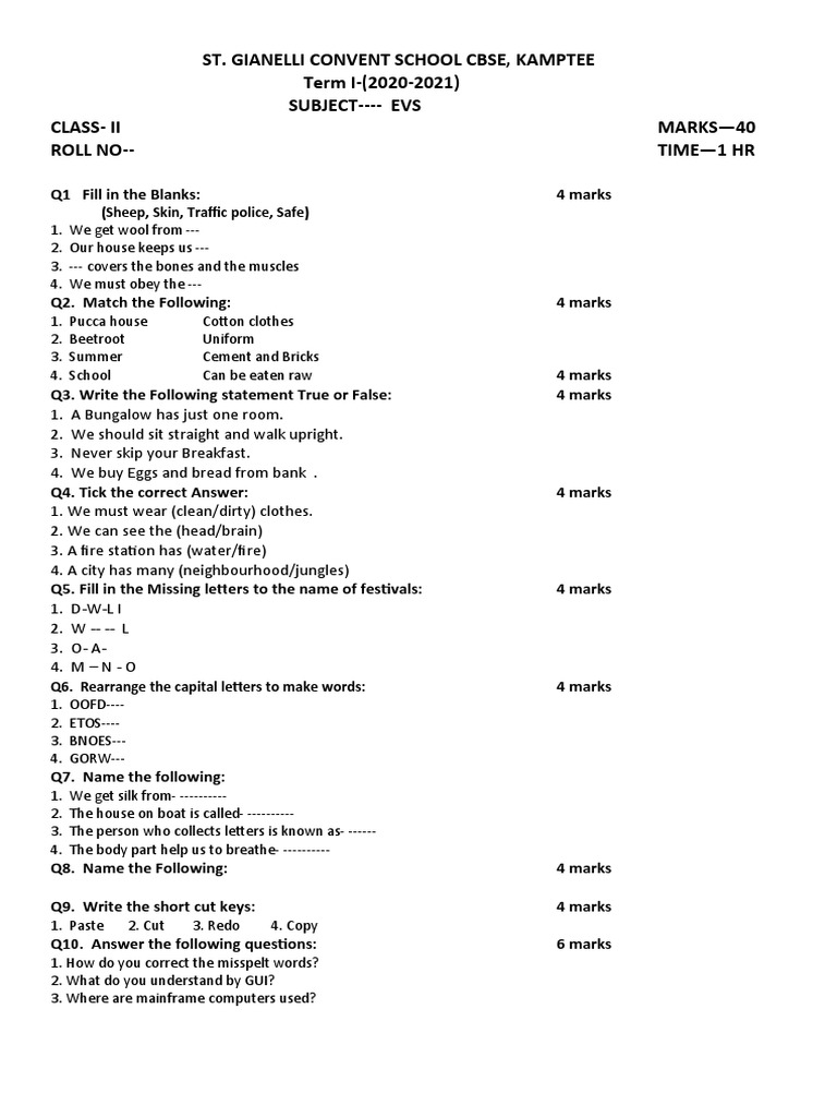 2nd STD EVS PA1 Paper 2020 | PDF