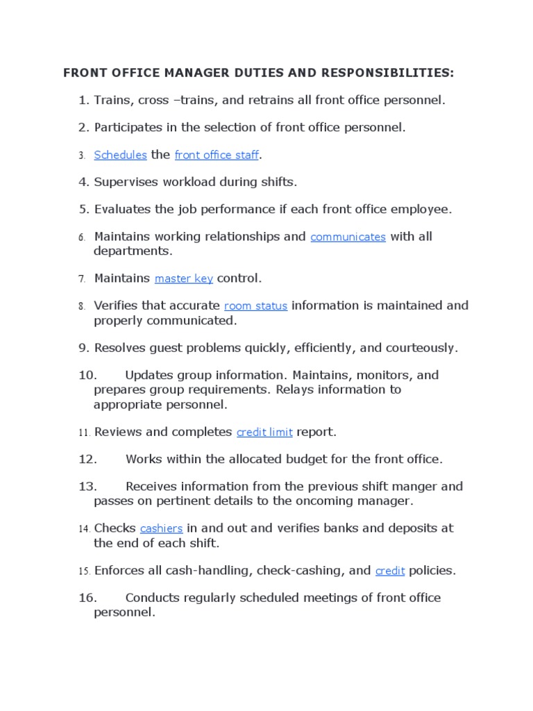 Front Office Manager Duties and Responsibilities PDF Business