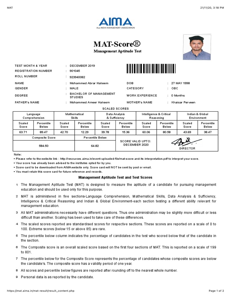 MATScore Management Aptitude Test PDF Percentile Test (Assessment)