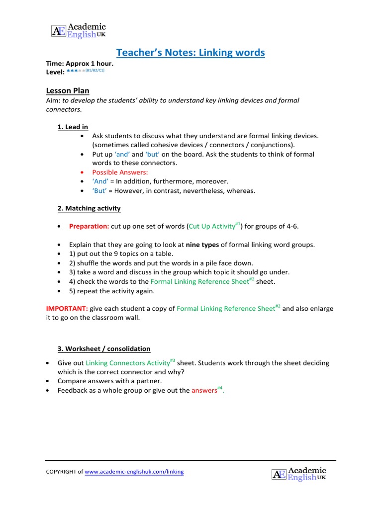 Teacher's Notes Linking Words Lesson Plan PDF Weight Inflation