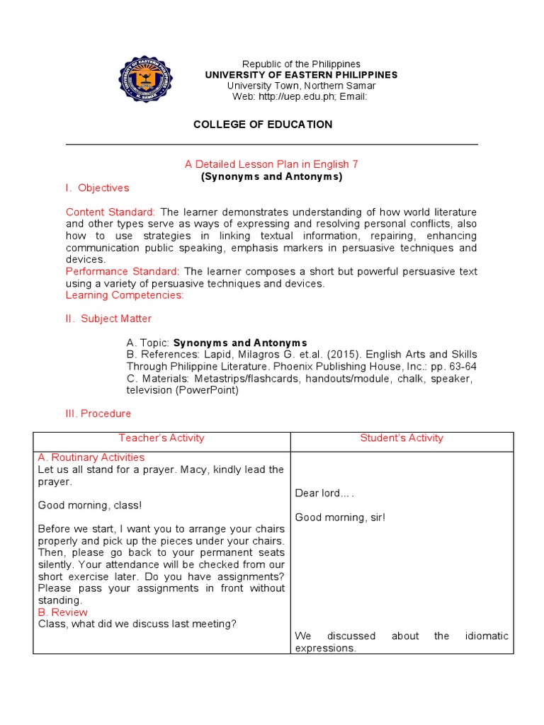 Grade 7 Lesson Plan: Synonyms & Antonyms | PDF | Lesson Plan | Teachers