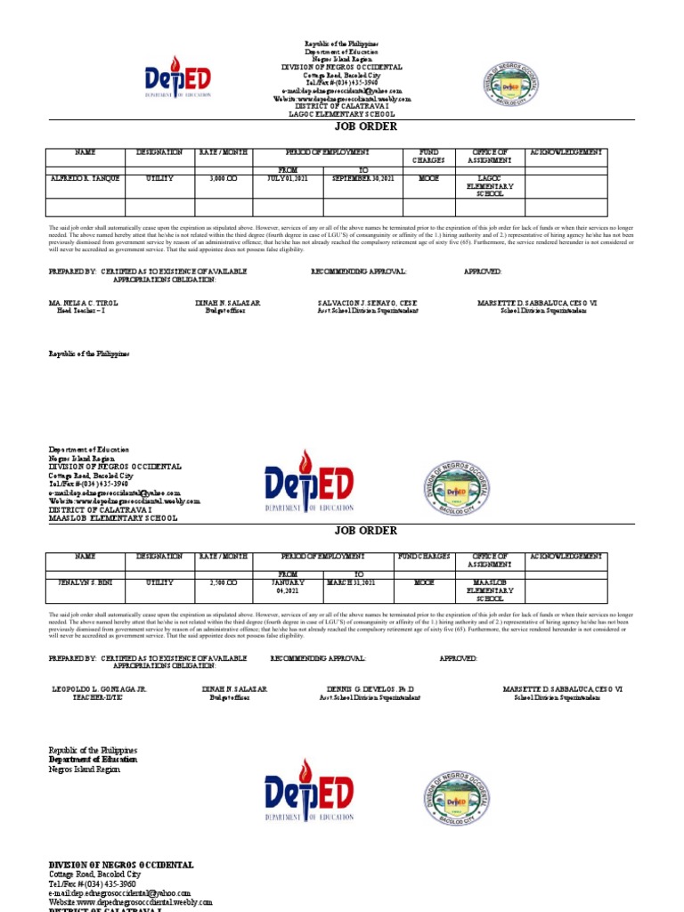 Job Order: Department of Education Division of Negros Occidental | PDF ...