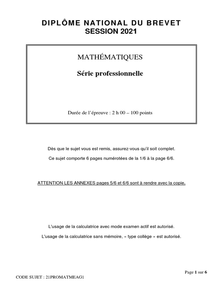 Correction Brevet Francais 2023 Pro BREVET 2021 Mathématiques Sujet Serie Professionnelle | PDF | Pourcentage |  Enseignement des mathématiques