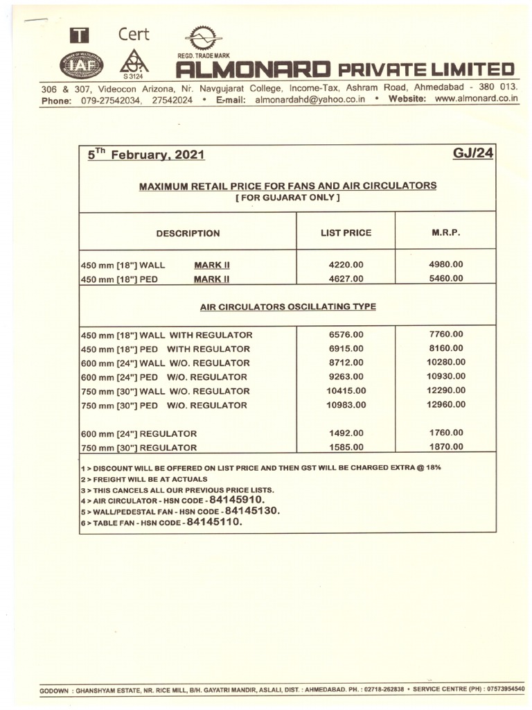 Almonard Fan Price List 2021 PDF Download PDF