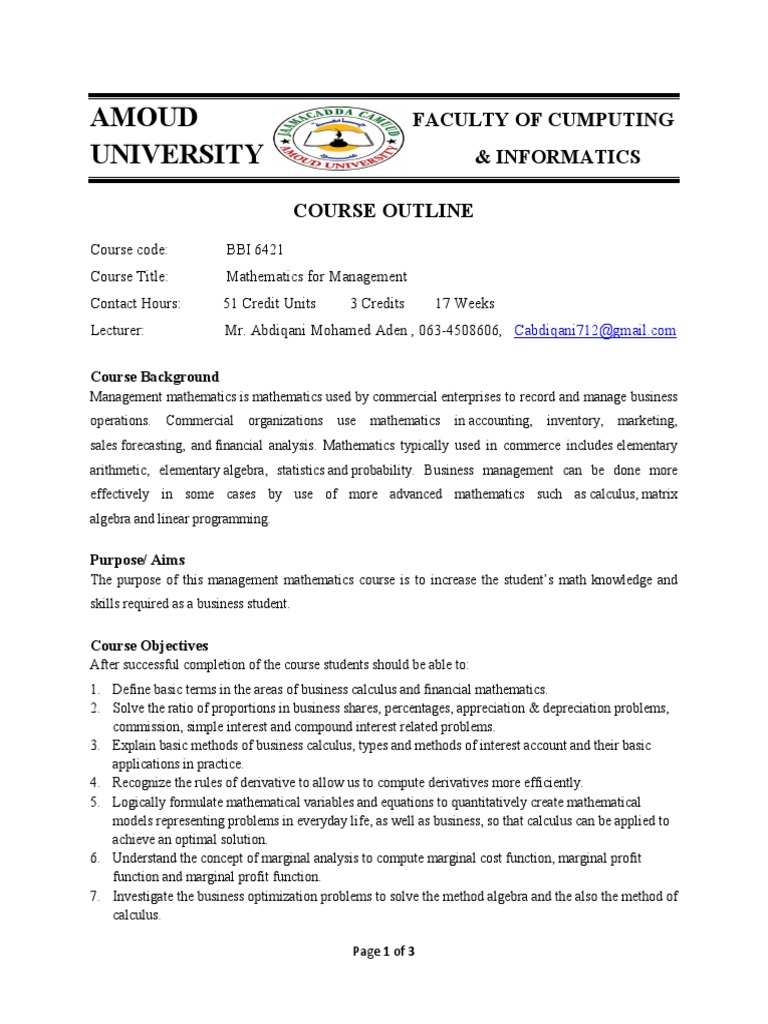 Mathematics for Management Course Outline | PDF | Derivative | Teaching ...