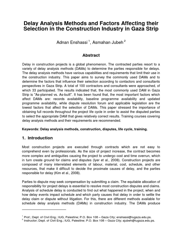 Delay Analysis Methods in Gaza Construction | PDF | Survey Methodology ...