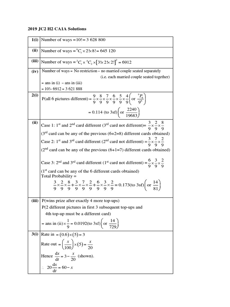 ACJC 2019 H2 Math CA1A Solutions | PDF | Equations | Mathematical Analysis