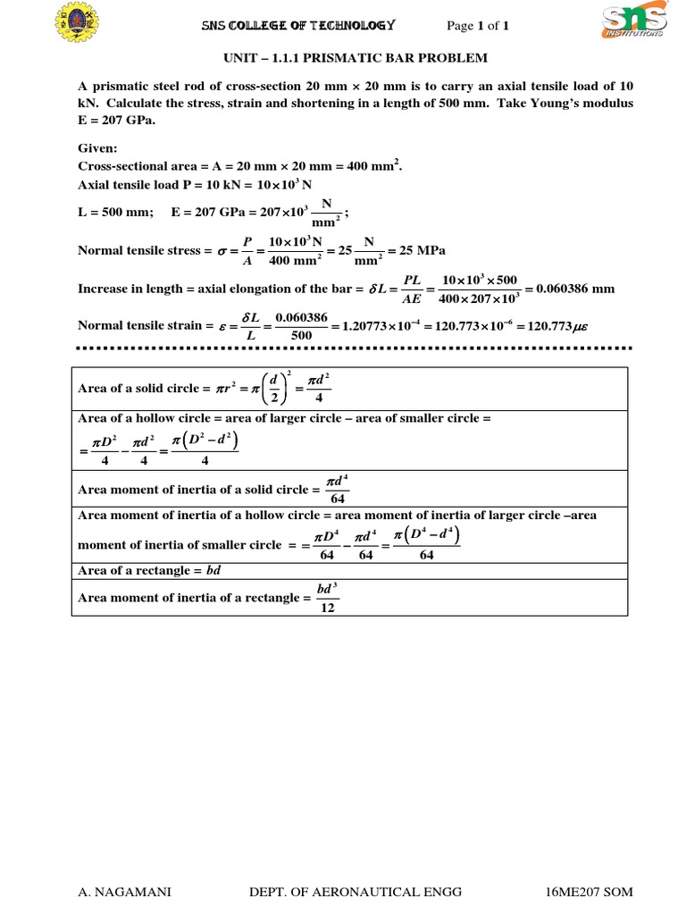 Som Unit - 1.1.1 Prismatic Bar | PDF | Metrology | Materials