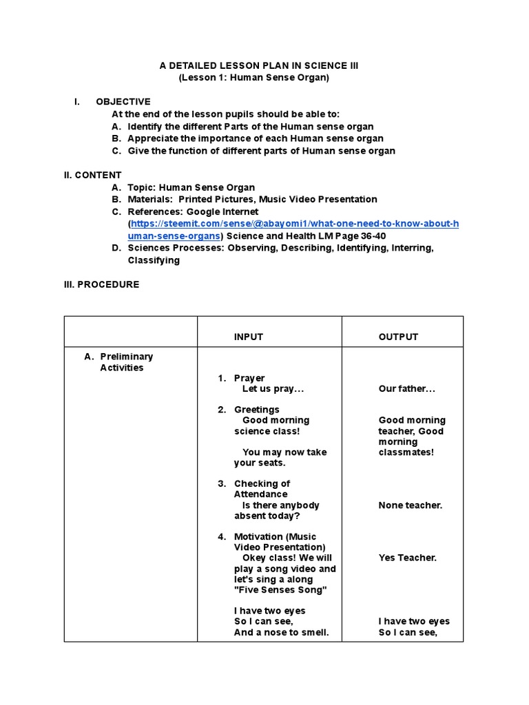 Lesson Plan: Human Sense Organs | PDF | Senses | Lesson Plan