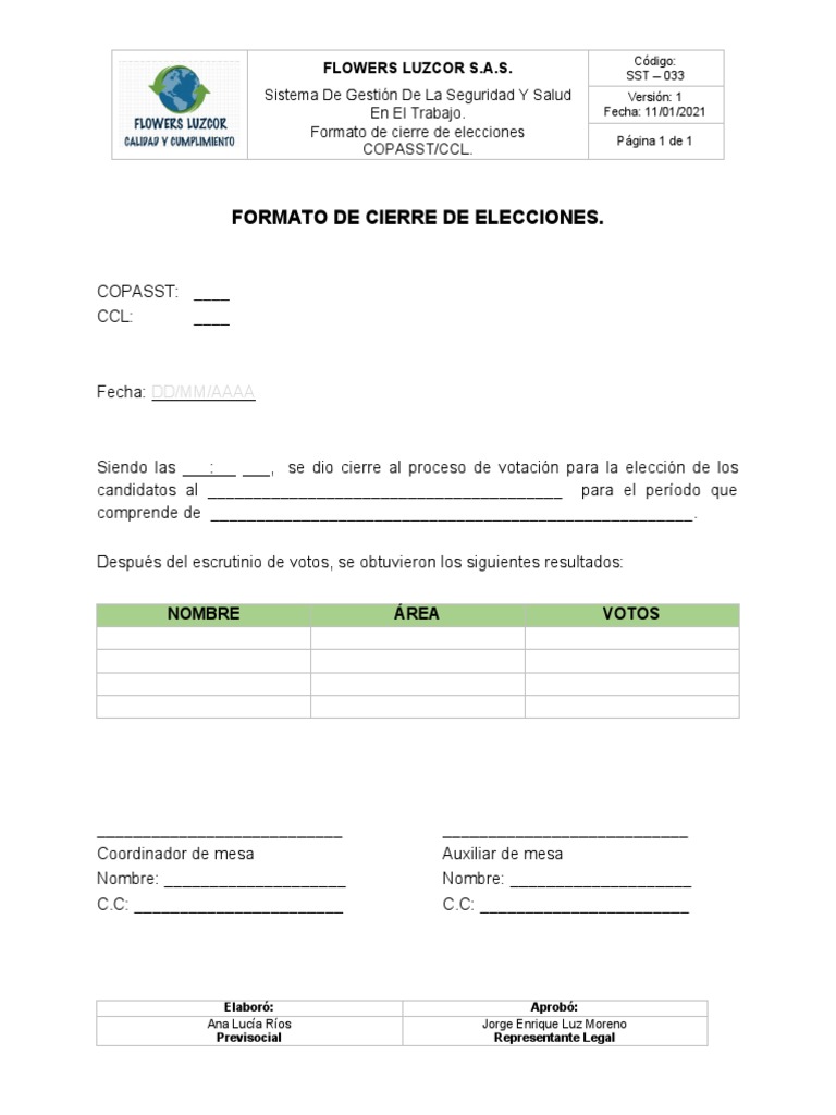 Anexo 13. Formato de Cierre de Elecciones COPASST CCL | PDF