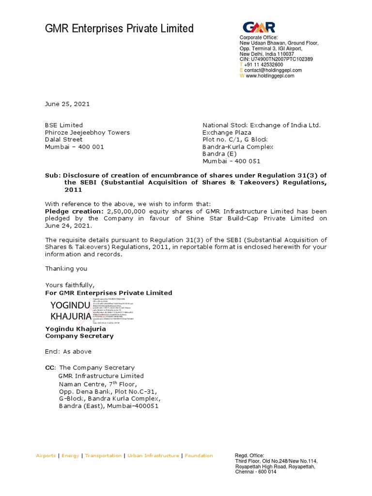 GMR Enterprises Share Pledge Disclosure | PDF | Loans | Corporations