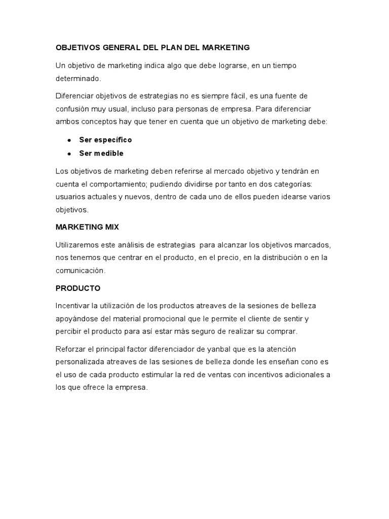 Objetivos del Plan de Marketing Yanbal | PDF | Producto (Negocio) | Marca