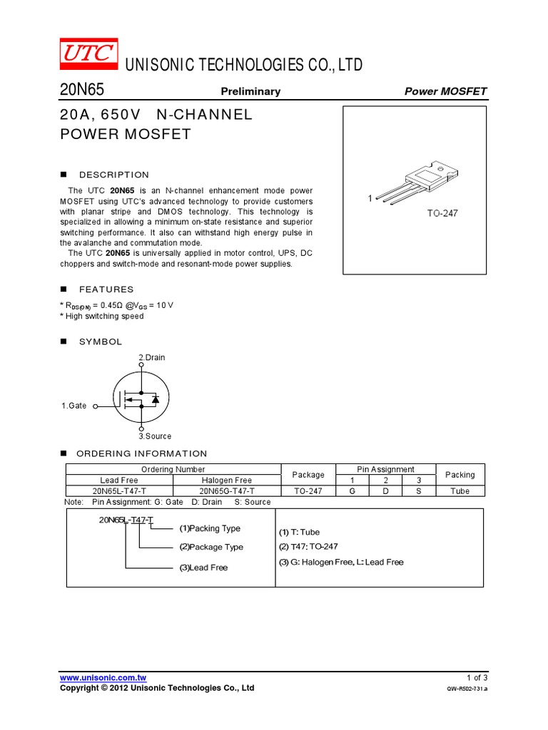 Unisonic Technologies Co., LTD: 20A, 650V N-CHANNEL Power Mosfet