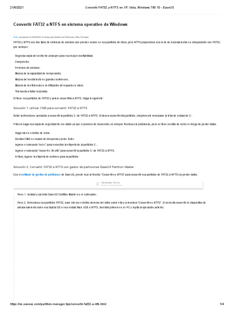 Convertir FAT32 A NTFS en XP, Vista, Windows 7-8-10 - EaseUS | PDF ...